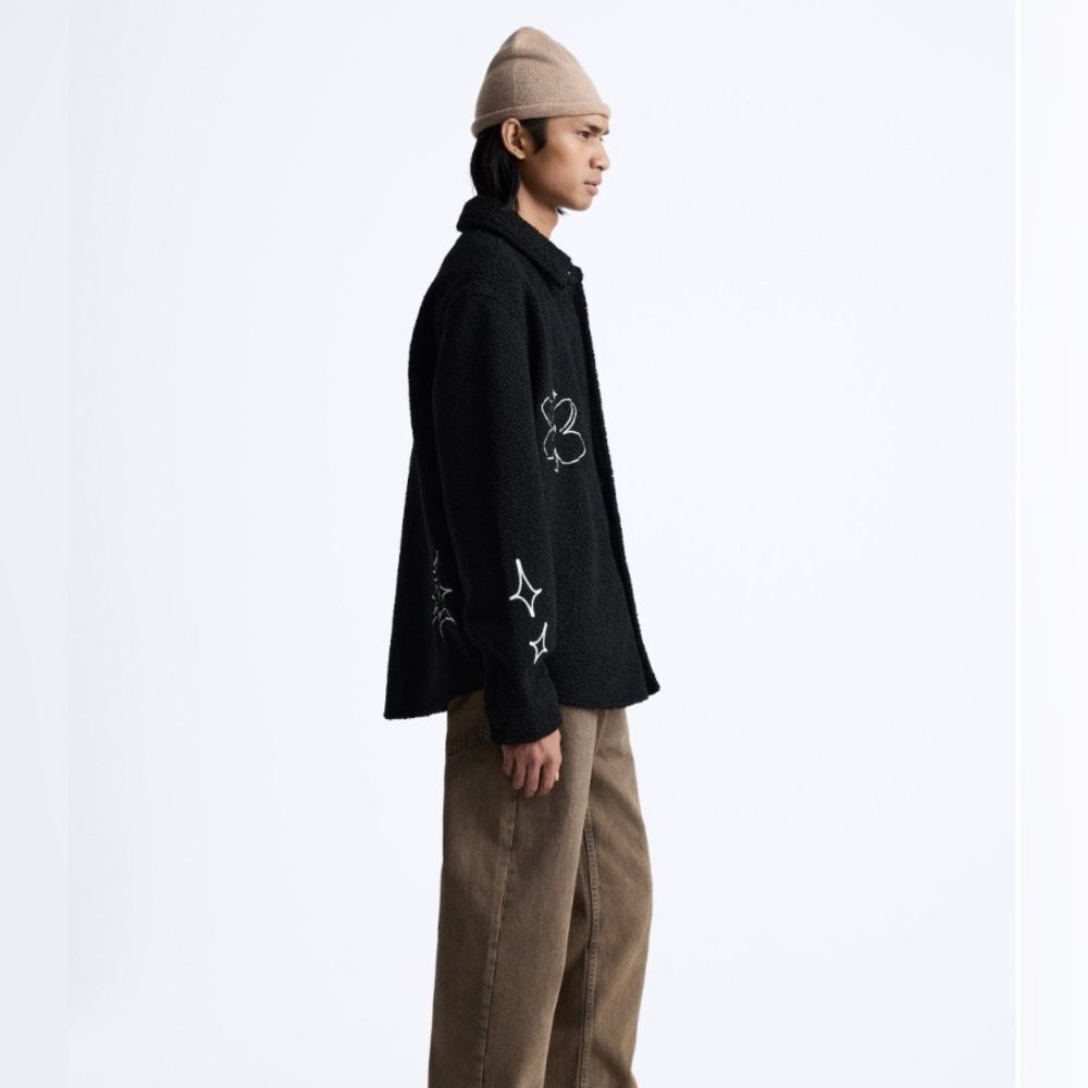 Zara Black Embroidered Faux Shearling Streetwear Utility Overshirt Size L/XL - Picture 4 of 16